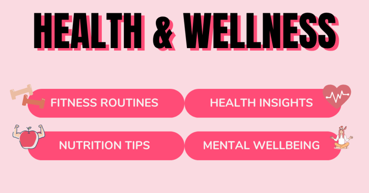 Health and Wellness content pillar examples. Including fitness routines, health insights, nutrition tips, and mental wellbeing