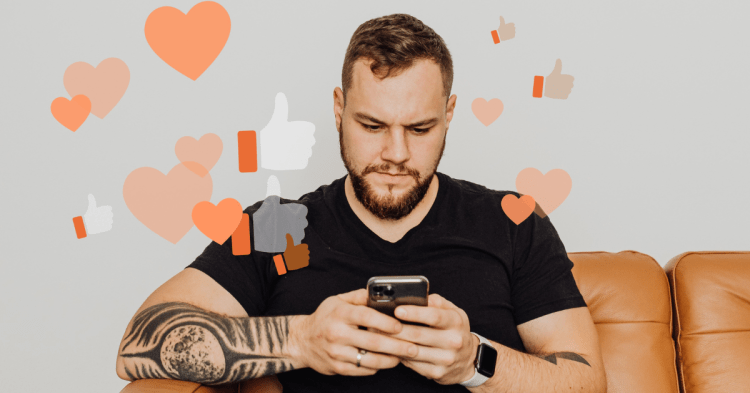 Man sitting with phone in hand. Animated 'likes' and 'love' reactions displayed around him.